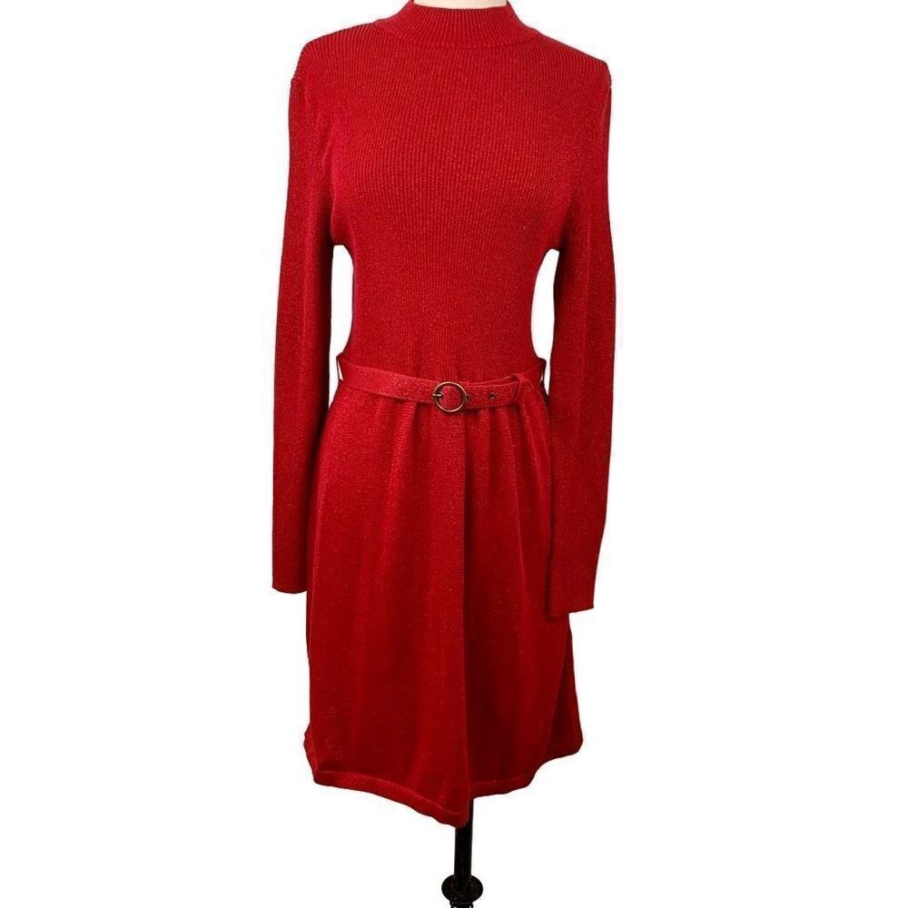 Free People Red Knit Sweater Belted Mini Dress Long Sleeve